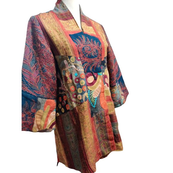 Soft Surroundings M Jacket Boho Floral Patchwork Embroidered Wool Silk Kimono - Picture 14 of 16